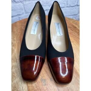 Etienne Aigner Black Fabric/Leather SlipOn Pumps Square "Wood" Toe & Heel Sz 9.5